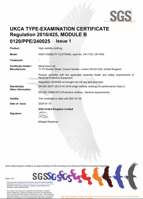 Certificate for high vis